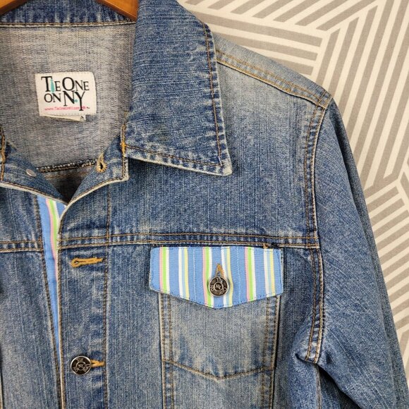 Tie One On NY Denim Jacket Chore Coat size Large Blue Jean Button up cowgirl - Picture 2 of 6